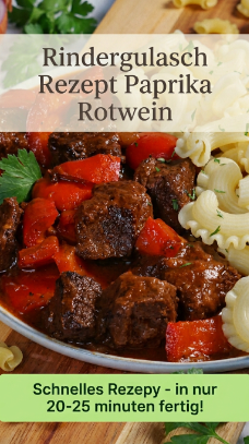 Rindergulasch Rezept Paprika Rotwein klassisch zart und einfach.