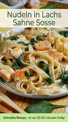 Nudeln in Lachs Sahne Sosse mit Spinat einfach & cremig schnell
